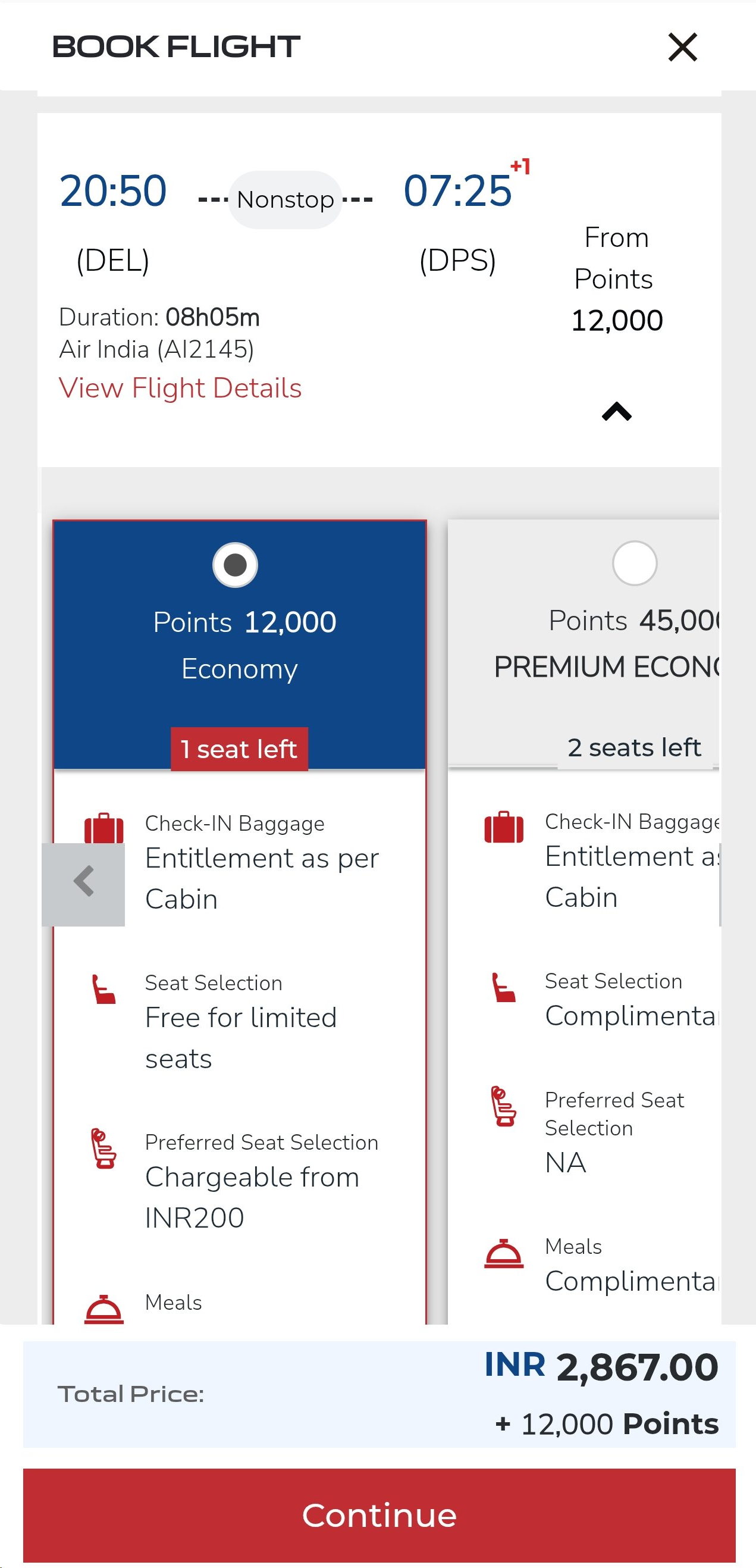 Air India Maharaja Club Delhi to Bali redemption at 12,000 points plus taxes