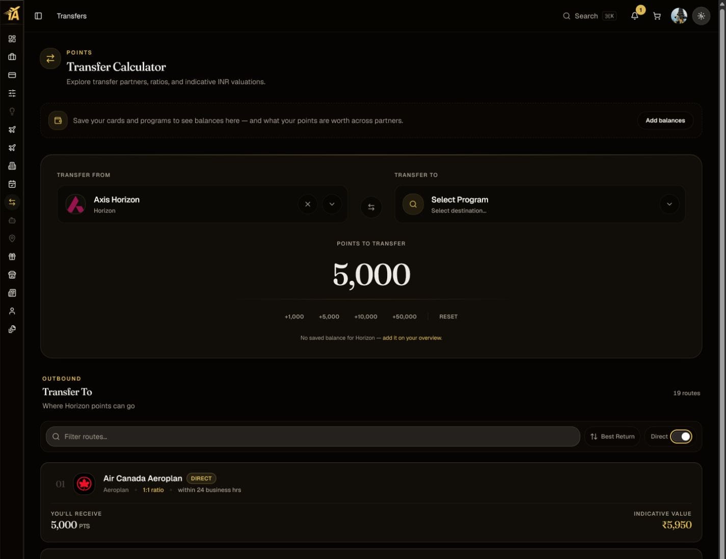 Book1A transfer calculator showing 5,000 Axis Horizon EDGE Miles and eligible direct transfer partners
