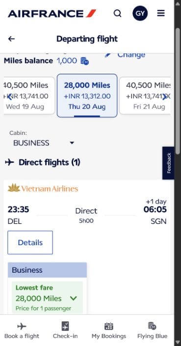Air France Flying Blue search result showing Delhi to Ho Chi Minh City in Vietnam Airlines Business Class for 28,000 miles on 20 August 2026
