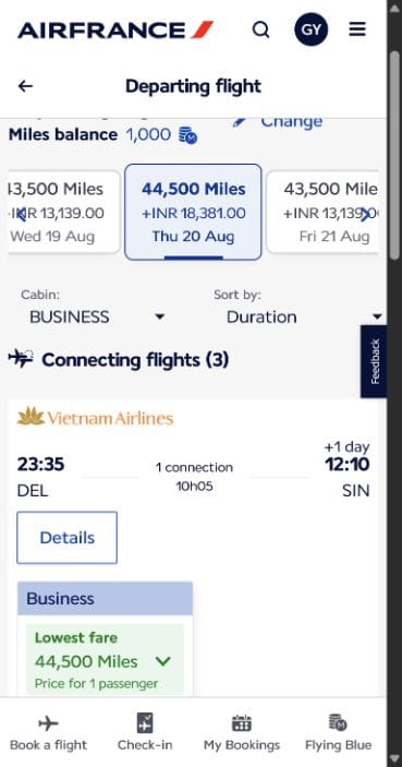 Air France Flying Blue search result showing Delhi to Singapore via Vietnam Airlines in Business Class for 44,500 miles on 20 August 2026