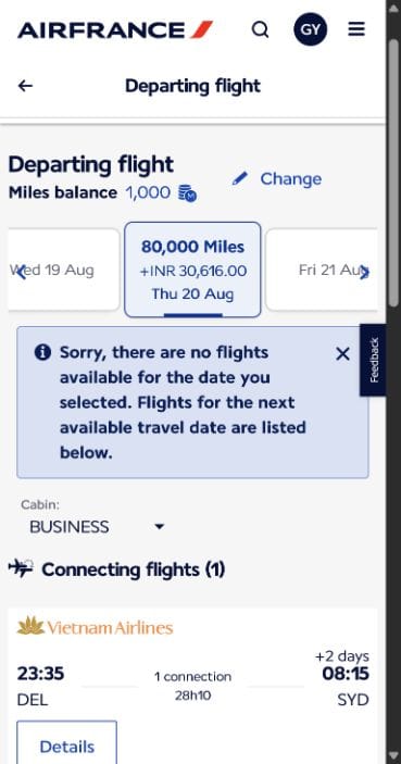 Air France Flying Blue result showing Delhi to Sydney in Vietnam Airlines Business for 80,000 miles on 20 August 2026